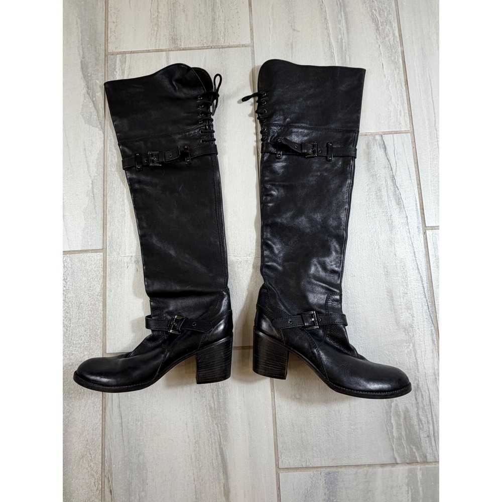 Jeannot Italy Black Leather Over The Knee Buckle Boots Block Heel Size 40